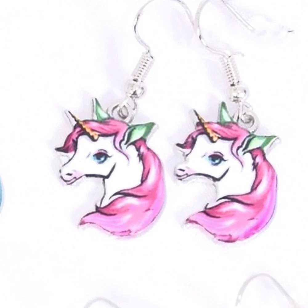 Unicorn Gold Earrings Ear Wire *Green pink Pony Horse White Hypoallergenic NEW
